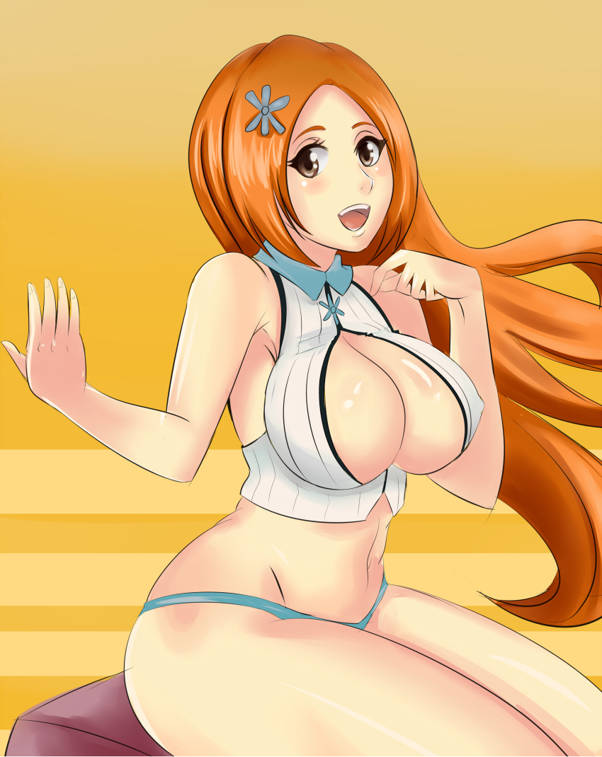 1girls angelox27 bare_arms bare_legs bare_thighs bikini_bottom bleach blue_panties breasts brown_eyes cleavage curvy highres inoue_orihime large_breasts long_hair no_pants orange_hair panties sleeveless smile thick_thighs thighs thin_arms white_shirt wide_hips