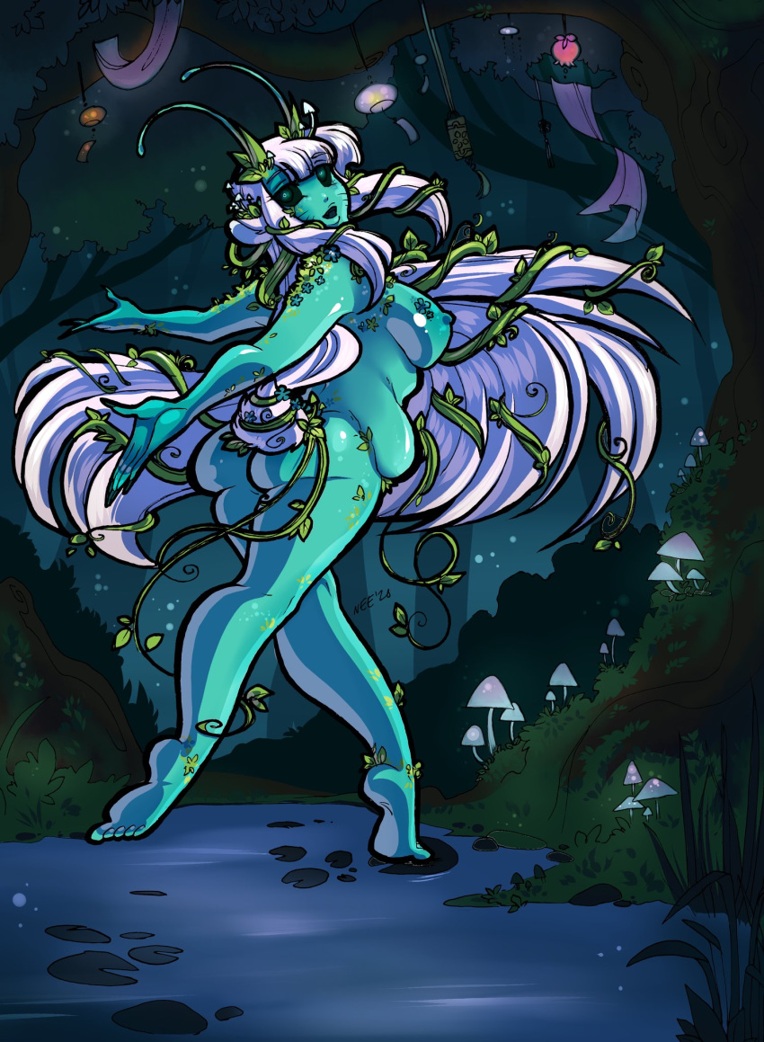 animal_ears antennae anthro ass barefoot black_sclera breasts curvy female female_only fluffy_tail forest forest_background glowing_eyes green_eyes green_skin highres long_hair looking_back neo-edo-exican nipples nude nude_female nymph short_tail sideboob solo solo_female vines white_hair