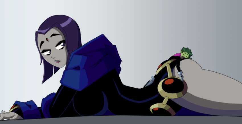 ass_worship beast_boy clothing dc dc_comics giantess green_hair green_skin grey_skin large_ass looking_at_another looking_at_partner male/female micro purple_hair rachel_roth raven_(dc) ravenravenraven size_difference sleeping straight teen_titans