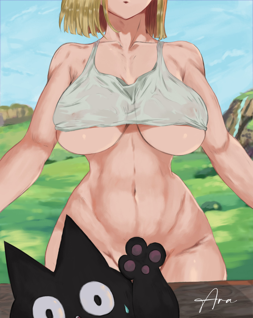 1girls abs android_18 araneesama blonde_hair bottomless breasts cat censored covered_nipples cutesexyrobutts_(style) dragon_ball dragon_ball_z fit_female light-skinned_female outdoors scratch_(dragon_ball) see-through tank_top underboob wet_clothes