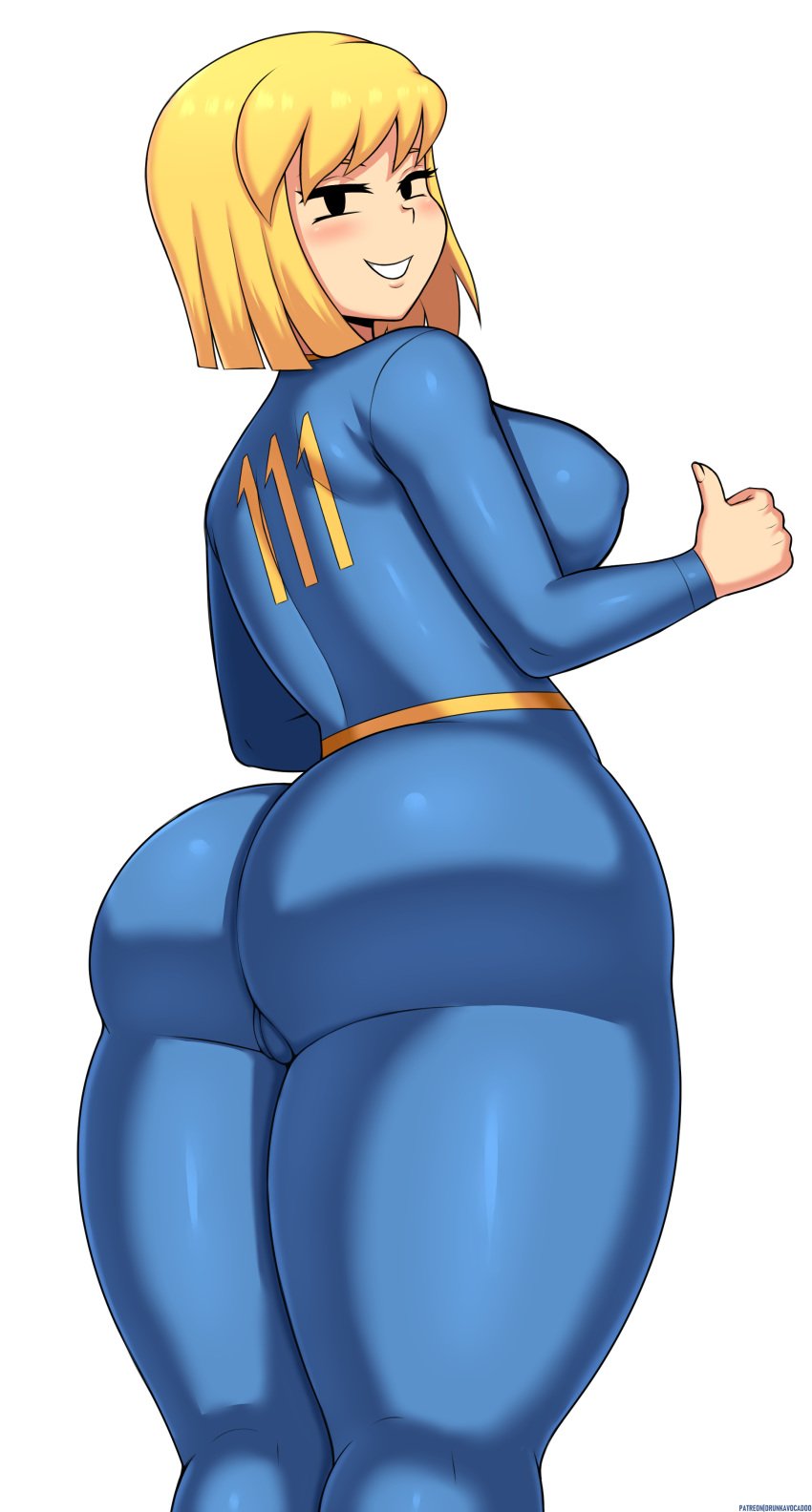 1girls ass big_ass bimbo clothing drunkavocado fallout female female_only jumpsuit looking_at_viewer looking_back mob_face thick_thighs uniform vault_girl vault_suit wide_hips