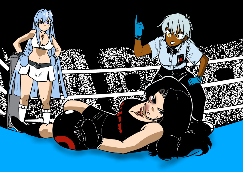 akame_ga_kill! black_boxing_gloves black_gloves boxing boxing_gloves boxing_ring boxing_shorts boxing_tape counting elrincodneusagi esdeath_(akame_ga_kill!) fullmetal_alchemist gloves ice_blue_boxing_gloves ice_blue_gloves lust_(fullmetal_alchemist) mastersaruwatari oc original_character