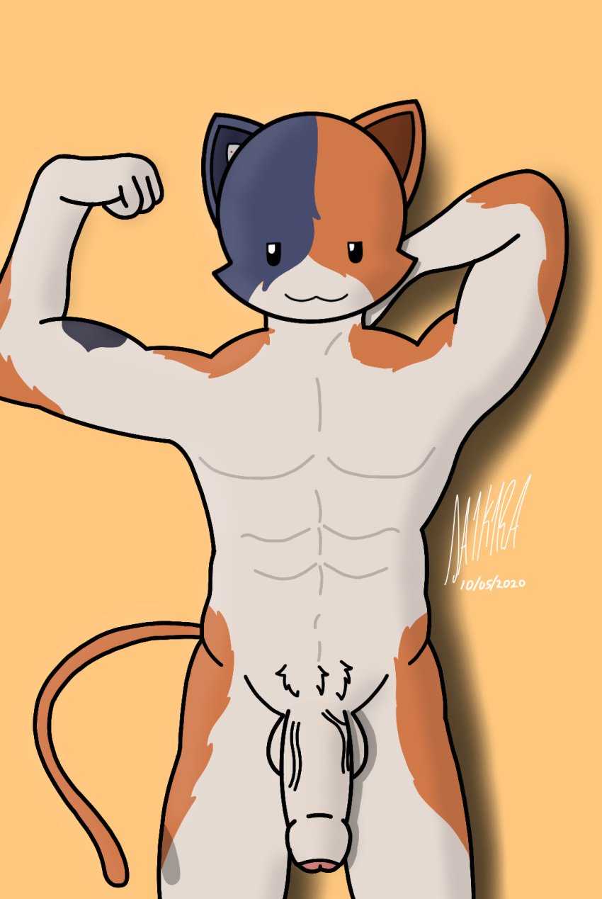 abs anthro balls da1k1ra domestic_cat epic_games felid feline felis fortnite genitals hi_res humanoid_genitalia humanoid_penis looking_at_viewer male mammal meowscles_(fortnite) muscular muscular_anthro muscular_male nude penis simple_background smile solo solo_male tagme video_games