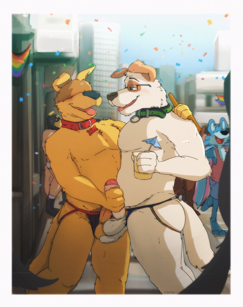 2boys anthro balls canid canine canis clothing clothing_aside collar deli_(delirost) delirost domestic_dog duo gay genitals handjob hi_res jockstrap jockstrap_aside lgbt_pride male male/male mammal martinidog penile penis public sex underwear underwear_aside