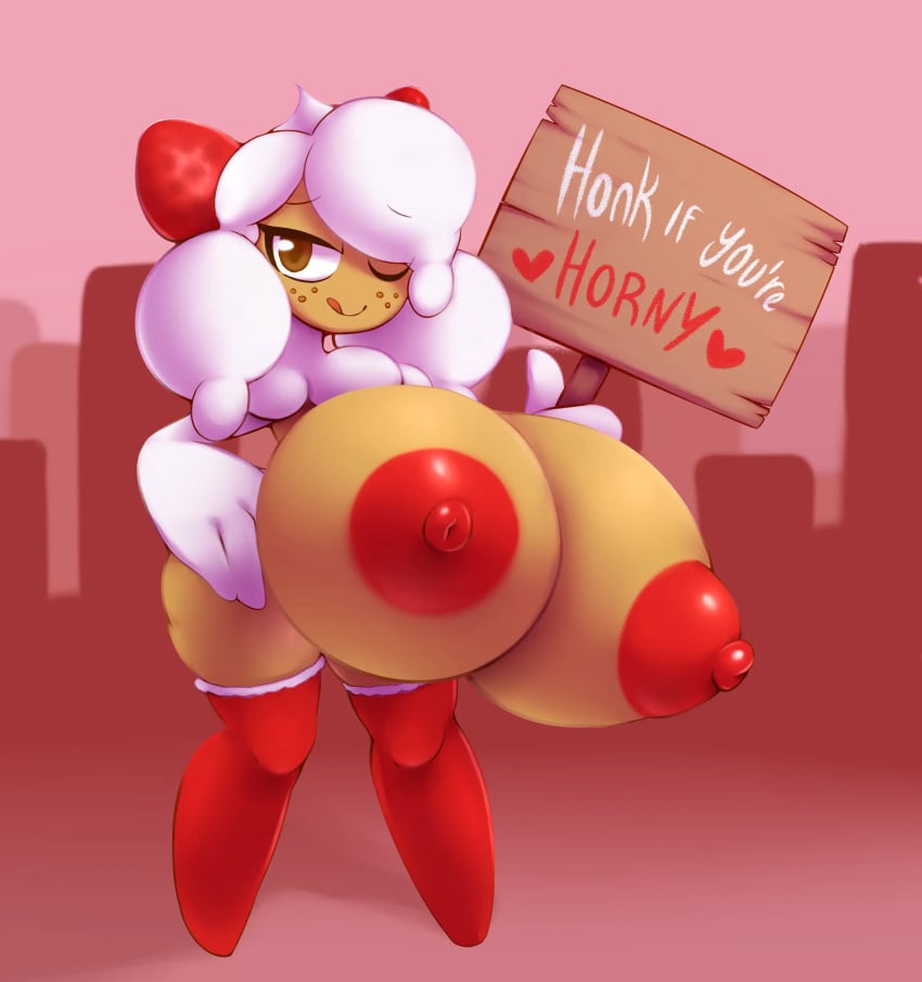 abstract_background anise_(metachoke) anthro areolae breasts brown_eyes female food_creature freckles hi_res holding_object huge_breasts kneehighs licking_lips metachoke nipples original_character puffy_nipples red_nipples sign solo stockings text thick_thighs wink