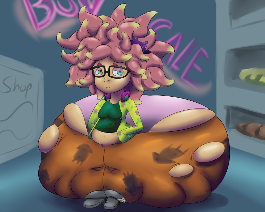 annie_(splatoon) chubby fat fat_thighs female glasses headphones meat_wall_(body_type) nintendo panties pink_hair ripped_clothing sad sea_urchin splatoon theneverwere thick_thighs thighs