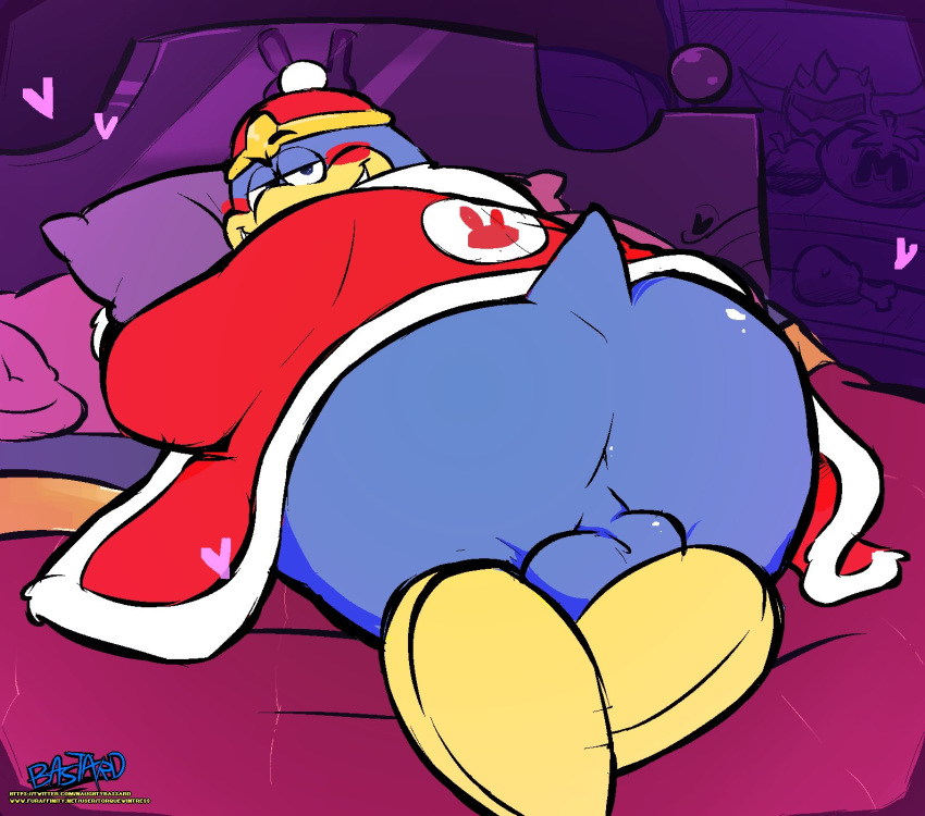 anthro anus ass avian backsack balls bed bedroom bedroom_eyes big_butt bird blush chubby_male clothing flippers furniture genitals hat headgear headwear heart hi_res king_dedede kirby_(series) lying male male_only narrowed_eyes nintendo on_bed on_front penguin perineum presenting presenting_hindquarters robe seductive slightly_chubby solo solo_male stubby_tail torquewintress video_games