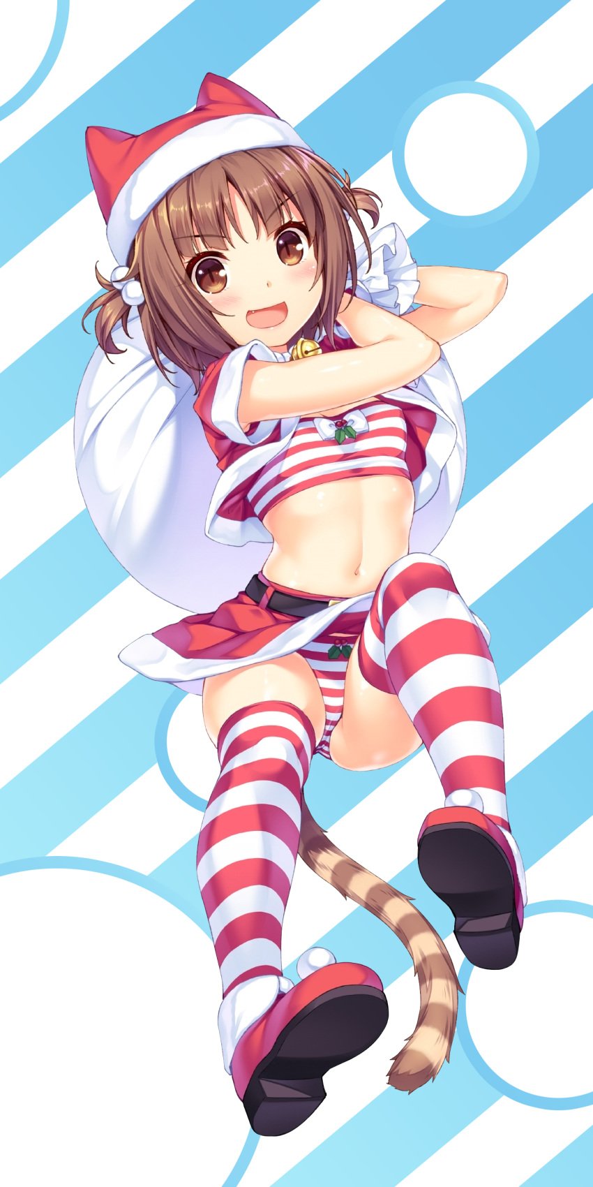 1girls azuki_(sayori) brown_eyes brown_hair cat_ears catgirl christmas christmas_hat christmas_uniform female humanoid_cat looking_at_viewer neko_works nekopara open_mouth panties present_bag sayori stockings striped_panties tail xmas