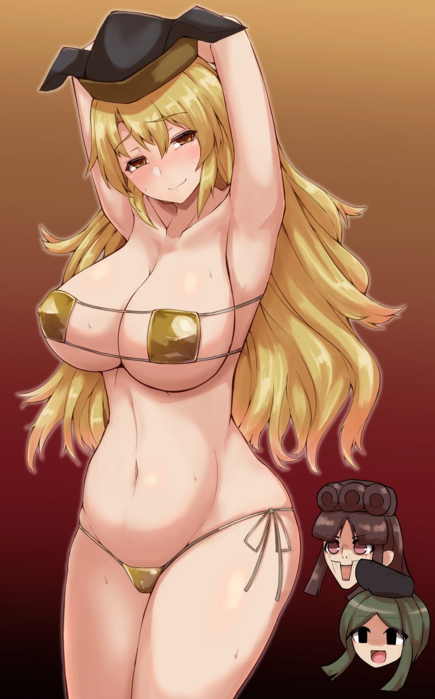 armpits blonde_hair blush breasts female hat mani_padme navel nishida_satono okina_matara smile sweat swimsuit teireida_mai touhou