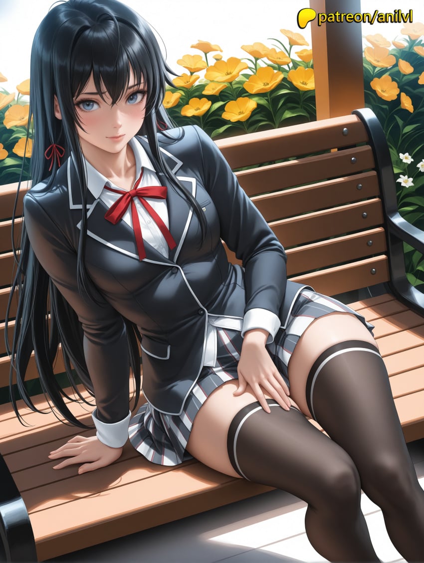 1girls 2024 ai ai_assisted ai_generated anilvl anime anime_girl anime_style arm_support artist_name bangs bench black_hair black_legwear blazer blue_eyes blush breast breasts breasts breasts bust chest female flower flower_pot hair_ribbon hi_res high_quality high_resolution highres jacket leaf lily_(flower) long_hair long_sleeves looking_at_viewer my_teen_romantic_comedy_snafu orange_flower patreon patreon_username plaid plaid_skirt plant pleated_skirt potted_plant red_ribbon ribbon school_uniform shirt sitting skirt smile sobu_high_school_uniform solo stable_diffusion sunflower thighhighs watermark white_flower yellow_flower yukinoshita_yukino