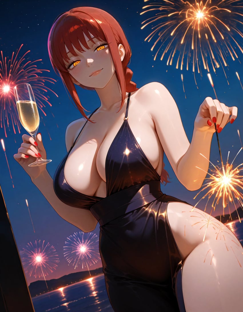 ai_generated bare_thighs braided_ponytail chainsaw_man demon_girl gigantic_breasts high_resolution huge_breasts huge_thighs light-skinned_female light_skin looking_at_viewer makima_(chainsaw_man) massive_breasts mature_female new_year oiled_body oiled_skin red_hair shounen_jump smile solo_female squatting sweat sweatdrop thick_body thick_female thick_thighs thighs vertiloart voluptuous voluptuous_female yellow_eyes