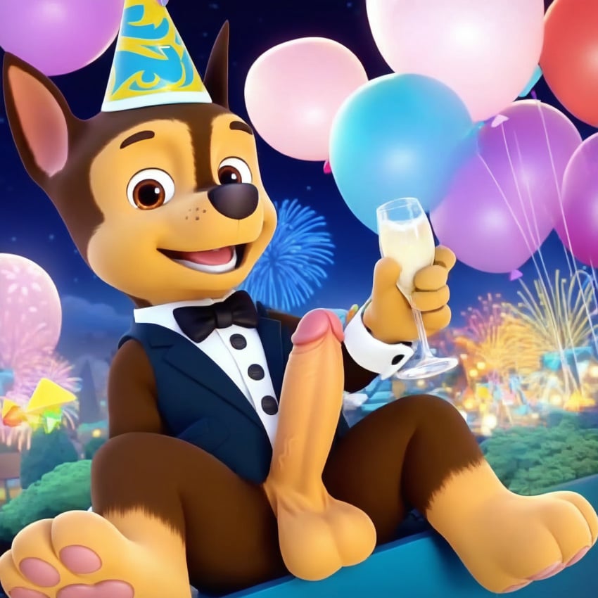 1boy ai_generated balloon black_bow black_bowtie bow bowtie brown_eyes champagne_flute chase_(paw_patrol) cup dog_boy drinking_glass erection ferris_wheel fireworks formal furry furry_male hat holidays looking_at_viewer luxeraora10 male_focus new_year night night_sky open_mouth outdoors paw_patrol penis sitting sky smile solo solo_anthro solo_focus solo_male suit testicles uncensored what wtf