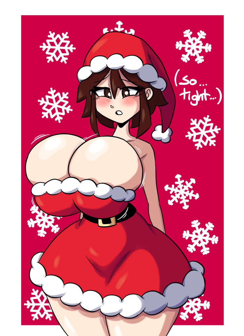 1girls alissa_(full_comfort) arms_behind_back big_breasts blush blush_lines bouncing_breasts breasts brown_hair christmas christmas_outfit eyelashes female female_only friday_night_funkin full_comfort huge_breasts looking_at_own_breasts looking_down_at_breasts nervous no_bra oc original_character short_hair shy slim_waist solo solo_female standing swinging_breasts tagme talking_to_self text thick_thighs tight_clothing