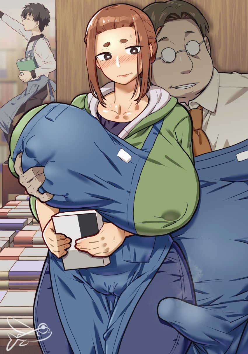 1girls 2boys ago_dashi7532 big_breasts book bookshelf boss_and_subordinate colored erect_penis fat_man glasses grabbing grabbing_breasts grabbing_from_behind hiding kaii_to_otome_to_kamikakushi manager_onishi_(kaii_to_otome_to_kamikakushi) nipples nipples_visible_through_clothing ogawa_sumireko penis