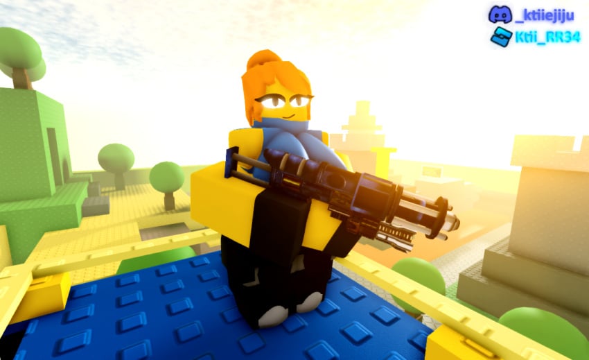 3d big_breasts breasts clothing doomspire_defense eyes female female gal_gunner_(doomspire_defense) gun ktiiejiju_(artist) roblox roblox_game robloxian yellow_body