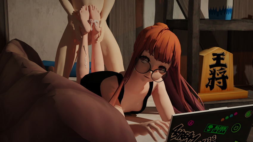 1boy 1girls 3d attic bed bed_sheet bedroom breasts brown_eyes clothed_female_nude_male computer cum cum_on_feet cum_on_leg feet feet_up female foot_fetish footjob glasses laptop long_hair looking_back male myrotep nude penis persona persona_5 ponytail red_hair sakura_futaba small_breasts straight tank_top uncensored xnalara