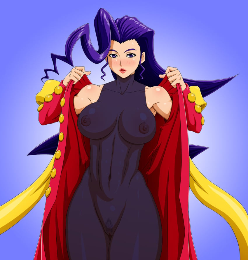 2d areolae athletic athletic_female big_breasts bodysuit breasts busty coat exhibitionism female female_focus female_only flashing flashing_breasts hourglass_figure italian italian_female long_hair makani_kohitujito makeup navel nipples open_coat pinup pinup_pose pubes pubic_hair purple_hair rose_(street_fighter) see-through see-through_clothing standing street_fighter street_fighter_alpha tagme wide_hips