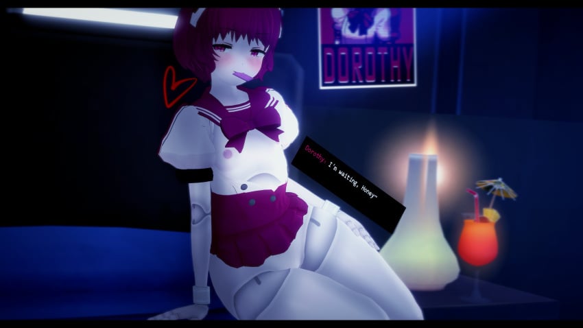 1girls 3d areolae bed bedroom bedroom_eyes condom condom_in_mouth dorothy_haze half-closed_eyes koikatsu looking_at_another nipples pale-skinned_female pale_skin pillow poster red_hair short_hair small_breasts solo solo_female solo_focus spiritofrei unbuttoned_shirt va-11_hall-a