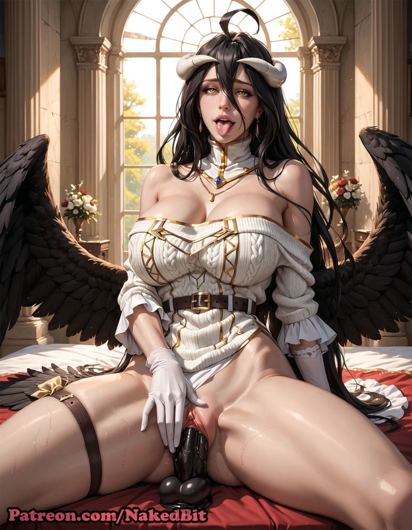 1girls ai_generated albedo_(overlord) ass beautiful big_ass big_breasts big_butt black_dildo cute detailed detailed_background female female_focus female_only girly hi_res highres naked nakedbit overlord overlord_(maruyama) perfect_body perfect_legs small_waist