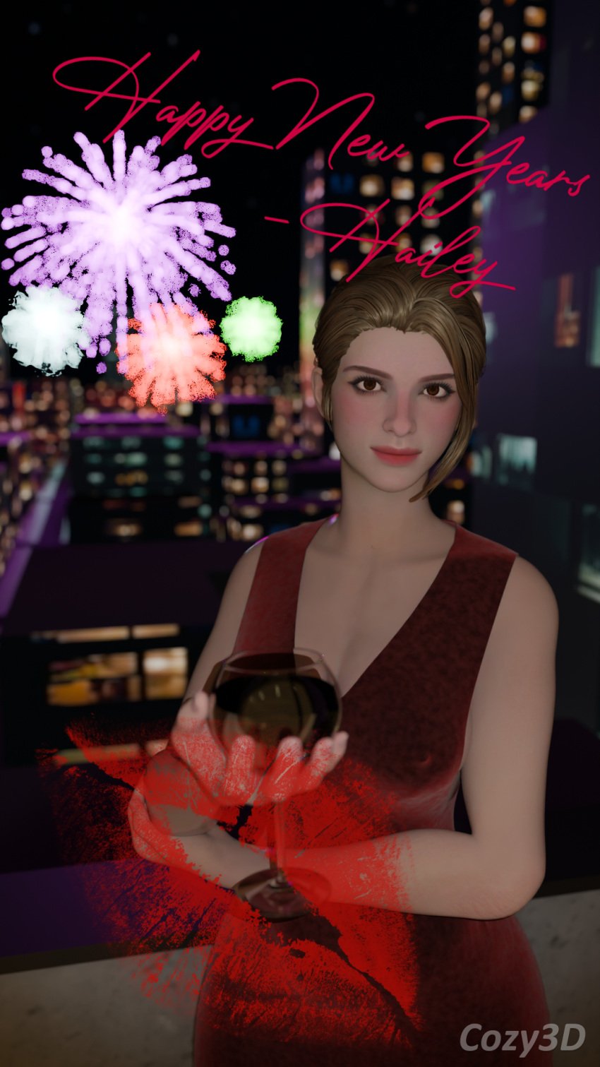 3d artist_name blender clothed cozy3d dress fireworks hailey_(the_first_descendant) lipstick_mark new_year new_year_2025 nipples_visible_through_clothing red_clothing tagme the_first_descendant watermark