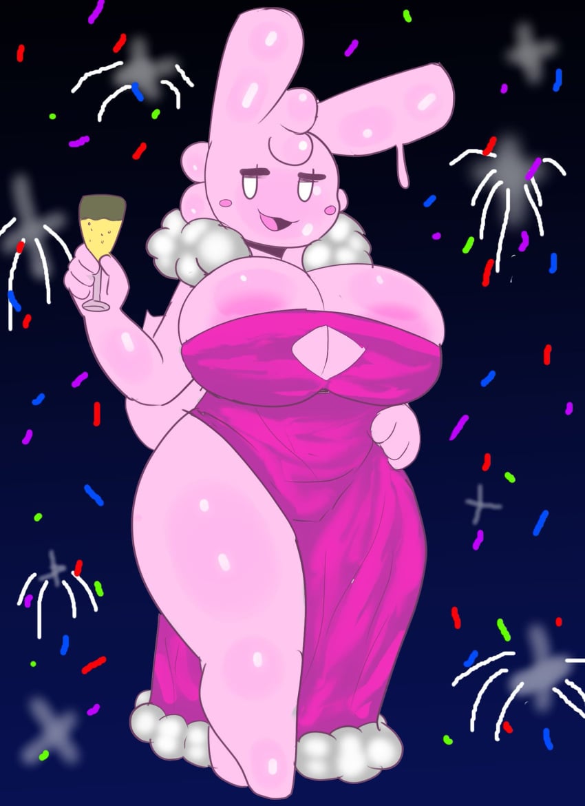 1girls big_breasts blush bunny_ears bunny_girl champagne confetti cup darky03 dress dressed elegant_dress female female_only fireworks gel gel_girl gelbun goo_creature leg mob_face new_year oc original original_character pink_slime rabbit rabbit_ears shiny_skin showing_leg slime slime_girl slimey thick thick_female thick_thighs thighs