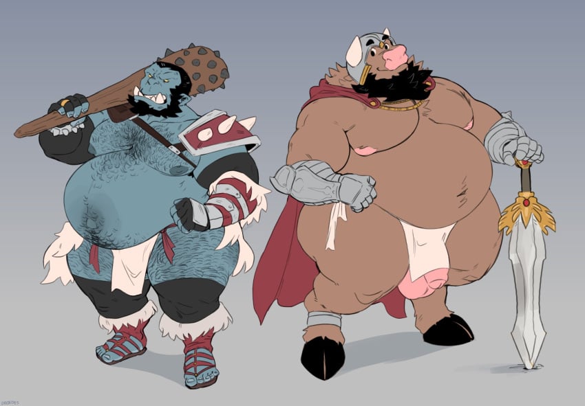 2023 anthro armor armwear balls beard belly black_beard black_facial_hair black_hair blue_body blue_skin body_hair bottomwear bovid bovine brown_body brown_fur cape cattle chest_hair clothed clothing club_(weapon) duo facial_hair fur genitals hair hand_on_hip hand_on_own_hip headgear helmet hi_res holding_object holding_weapon hooves horn humanoid juicestandmango leg_hair legwear loincloth male mammal mango_(juicestandmango) melee_weapon moobs nipples orc overweight overweight_anthro overweight_male penis pink_balls pink_nipples pink_penis pregnant pregnant_male shoulder_guards skimpy slug_(juicestandmango) standing sword thick_thighs underbite weapon