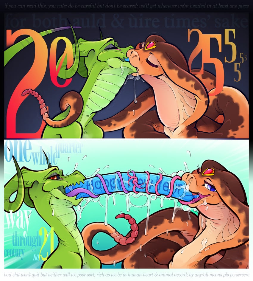 2024 2025 2girls 2koma black_sclera close-up comic curled_horns deepthroat deepthroat_training dildo_reveal double_dildo dragon dragon_girl drooling english_text exhibitionism forehead_jewel forked_tongue green_skin horns interspecies interspecies_yuri intertwined_tongues kissing long_tongue looking_at_viewer new_year new_year_2025 orange_eyes orange_skin original purple_eyes saliva scalie scalie_female shared_object_insertion slit_pupils snake snake_girl sparrow_(artist) text throat_bulge very_long_tongue year_of_the_dragon year_of_the_snake yuri