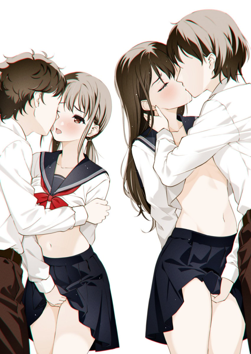 2boys 2girls belt blue_sailor_collar brown_hair brown_pants closed_eyes collared_shirt commentary_request commission faceless faceless_male fingering grabbing_another's_arm hair_behind_ear hair_between_eyes highres kissing lifting_another's_clothes long_hair low_twintails moonsorrow multiple_boys multiple_girls navel neckerchief original pants partial_commentary pixiv_commission pleated_skirt red_neckerchief sailor_collar school_uniform serafuku shirt short_twintails simple_background skirt standing twintails white_background white_serafuku white_shirt