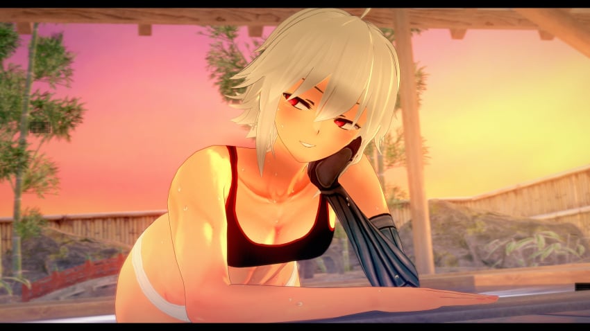 3d ahoge bra dana_zane half-closed_eyes hand_on_cheek head_on_hand hot_spring koikatsu leaning leaning_forward light-skinned_female light_skin long_hair looking_away medium_breasts onsen partially_clothed prosthetic prosthetic_arm smile smug smug_face smug_grin smug_smile solo solo_female solo_focus spiritofrei underwear va-11_hall-a white_hair