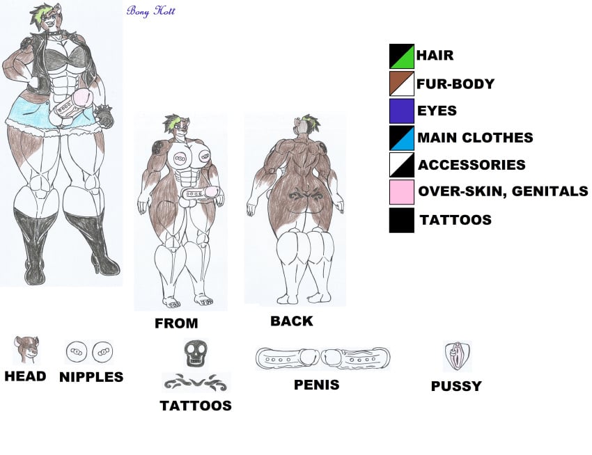 1futa anthro big_ass big_breasts big_hips big_penis black_hair blue_eyes bony_hott_(waifuland) boots brown_body brown_fur dickgirl dog_girl ear_piercing furry glove green_hair high_heel_boots highlights_(coloring) leather_jacket marlon64 model_sheet mohawk_(hairstyle) muscular_anthro muscular_futanari naked nose_piercing original_character penis_piercing piercing_nipples pit_bull punk_girl pussy_piercing reference_sheet shemale short_jeans spiked_collar tattoo_on_arm tattoo_on_ass topwear traditional_drawing_(artwork) waifuland white_background white_fur