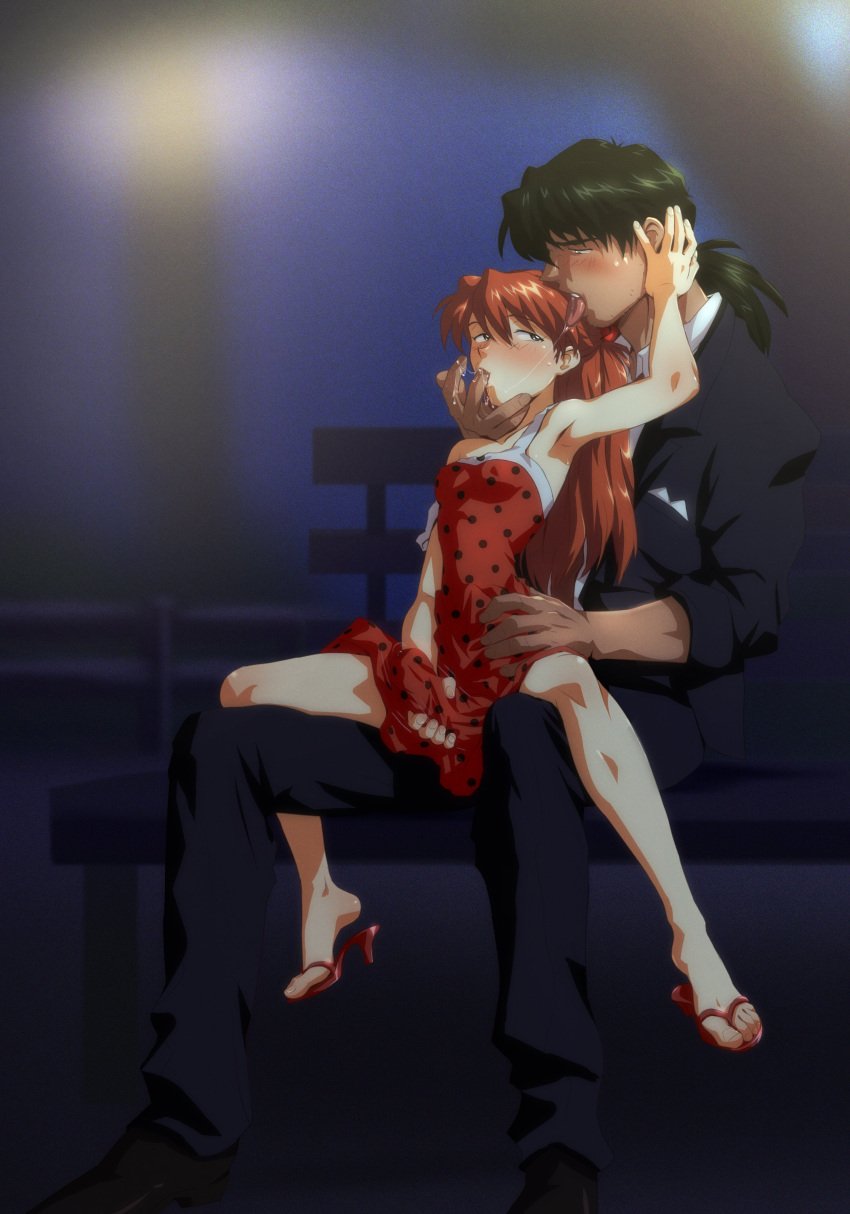 1boy absurdres amondetauro asuka_langley_sohryu blush clothes couple dress dress_tug fabric female finger_in_another's_mouth handjob highres kaji_ryouji neon_genesis_evangelion orange_hair outercourse penis_grab red_dress ryoji_kaji saliva souryuu_asuka_langley straight sucking_finger tongue tongue_out