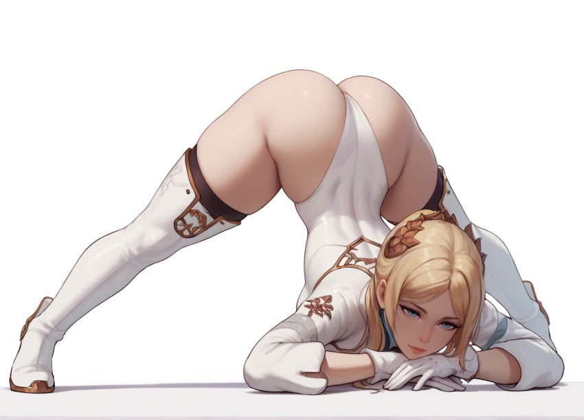 ai_generated ass ass_up blonde_female blonde_hair green_eyes hair_ornament jack-o_pose leotard nier nier:_automata nier_(series) ponytail thigh_boots thighs white_background white_leotard yorha_commander