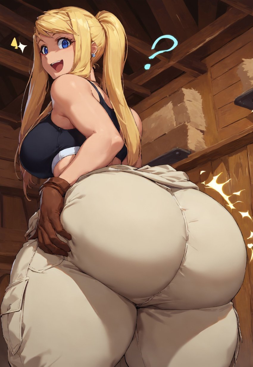 ai_generated anime anime_style ass big_ass blonde_female blonde_hair blonde_hair_female blue_eyes booty busty busty_female civitai clothes_around_waist curvy curvy_female curvy_figure deviantart ear_piercing fullmetal_alchemist fullmetal_alchemist_brotherhood gloves grabbing_own_ass hourglass_figure huge_butt indoor indoors long_hair looking_at_viewer looking_back massive_ass massive_butt pants ponytail question_mark sports_bra winry_rockbell