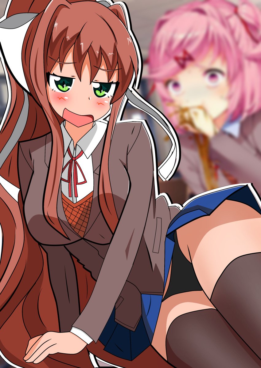 2girls black_panties blue_skirt breasts doki_doki_literature_club female female_only green_eyes long_hair monika_(doki_doki_literature_club) natsuki_(doki_doki_literature_club) panties ponoka2121 skirt solo_focus thighs vomit vomiting ぽのか_(pixiv_user_id_902546)