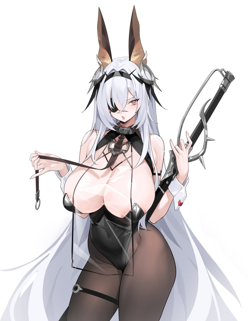 1girls azur_lane blush breasts bunnysuit clothed clothing collar eyepatch fake_animal_ears fake_rabbit_ears female female_only fritz_rumey_(azur_lane) fritz_rumey_(schwarzes_kaninchen)_(azur_lane) grey_hair huge_breasts iak iron_blood_(azur_lane) leash leash_and_collar light-skinned_female light_skin red_eye solo weapon wrist_cuffs