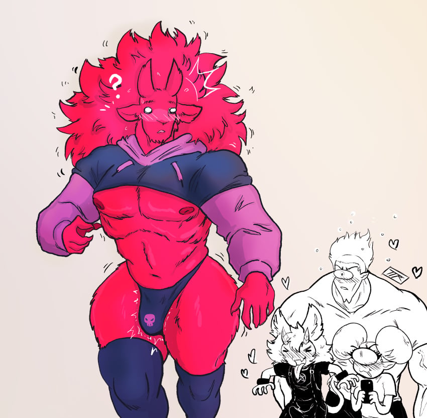 1_eye 1boy 3boys afro_puffs alien anthro bara bara_tits bat_ears blue_clothing blush boner bulge challenge clueless cyclops demon demon_tail dot_eyes flame_hair fluffy_hair heart hi_res highres hoodie humanoid jodo_(kojoarts) juju_(ttherandom) kojo_(ttherandom) kojoarts male minimalist_background monty_(baphu66) muscular muscular_male nipples oc oc_character open_mouth original_character overalls phone pointy_ears purple_clothing question_mark red_fur red_hair red_skin skull smile speedo surprised thick_thighs thighhighs thirsty thong tight_clothing tight_fit tongue_out twitch_lines wide_eyed zamn!