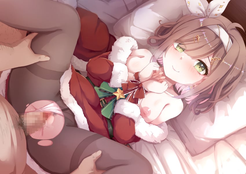 1girls bed bondage breasts brown_hair christmas christmas_outfit female foamyforme green_eyes headband indie_virtual_youtuber miori_celesta nipples pussy pussy_juice sex spread_legs tsunderia vaginal_penetration virtual_youtuber