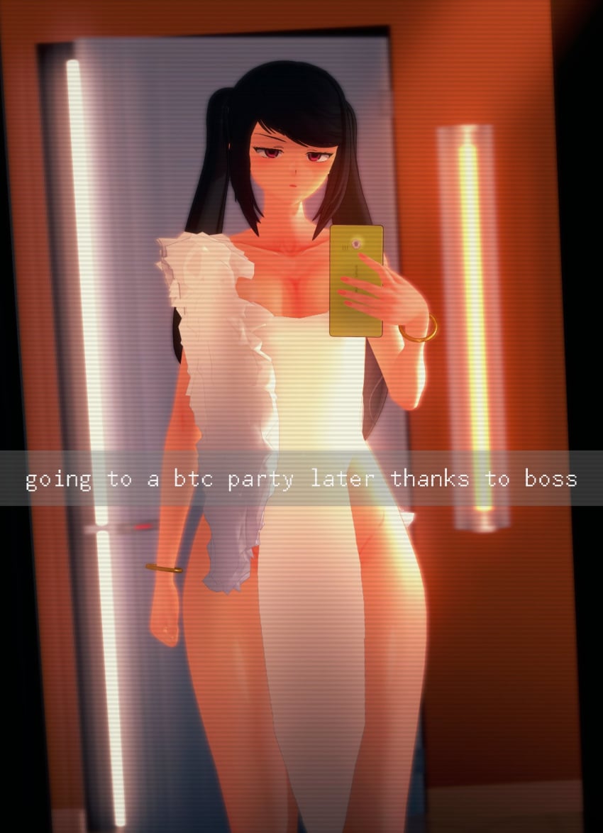 3d big_thighs black_hair caption chinese_dress female hallway julianne_stingray koikatsu light-skinned_female light_skin long_hair mirror mirror_selfie phone phone_view scanlines selfie small_breasts solo solo_female solo_focus spiritofrei text thighs va-11_hall-a