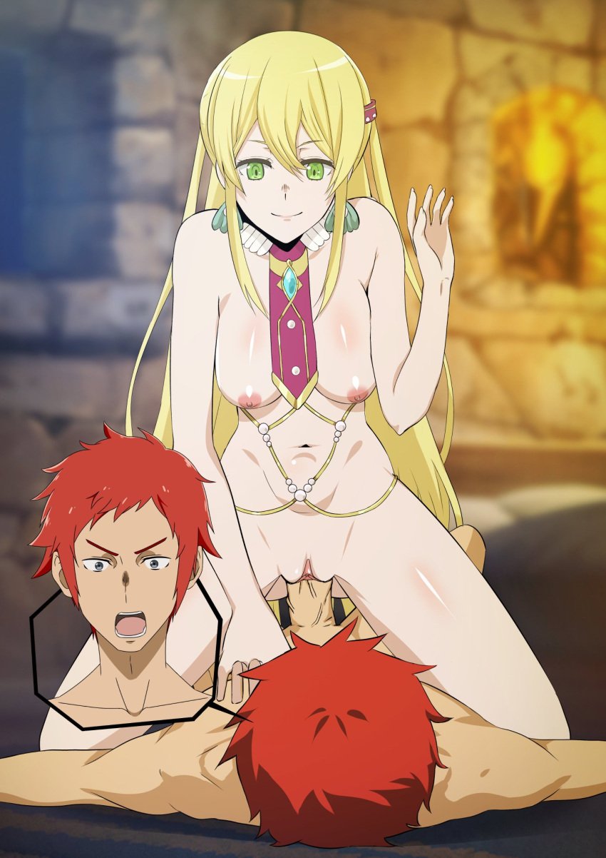 1boy 1girls aphrodite_(danmachi) blonde_hair blonde_hair_female danmemo dungeon_ni_deai_wo_motomeru_no_wa_machigatteiru_darou_ka female_on_top hetero_sex male/female red_hair riding_penis sex vaginal_penetration vaginal_sex veiny_penis welf_crozzo