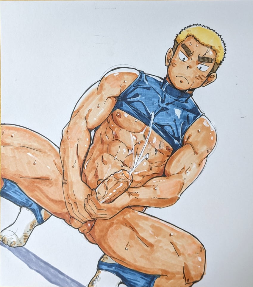 1boy abs ass_visible_through_thighs balls bara baseball_uniform biceps big_areola big_penis blonde_hair blush both_hands_on_cock bottomless clothes_lift collarbone crouching cum cum_string cum_trail cumshot dirty_socks erection foreskin frown gay hand_drawn hi_res holding_penis huge_cock jerking leeksaltboy long_penis looking_at_penis looking_down male male_only masturbation mature_male muscles muscular muscular_arms muscular_legs muscular_male muscular_thighs navel original original_character pecs semen shadow short_hair six_pack sleeveless small_balls socks solo spread_legs squatting stirrup_legwear sweat sweatdrop sweating sweaty thick_arms thick_eyebrows thick_penis thick_thighs tight_clothing uncensored uncut v-shaped_eyebrows veiny_penis white_background yaoi young