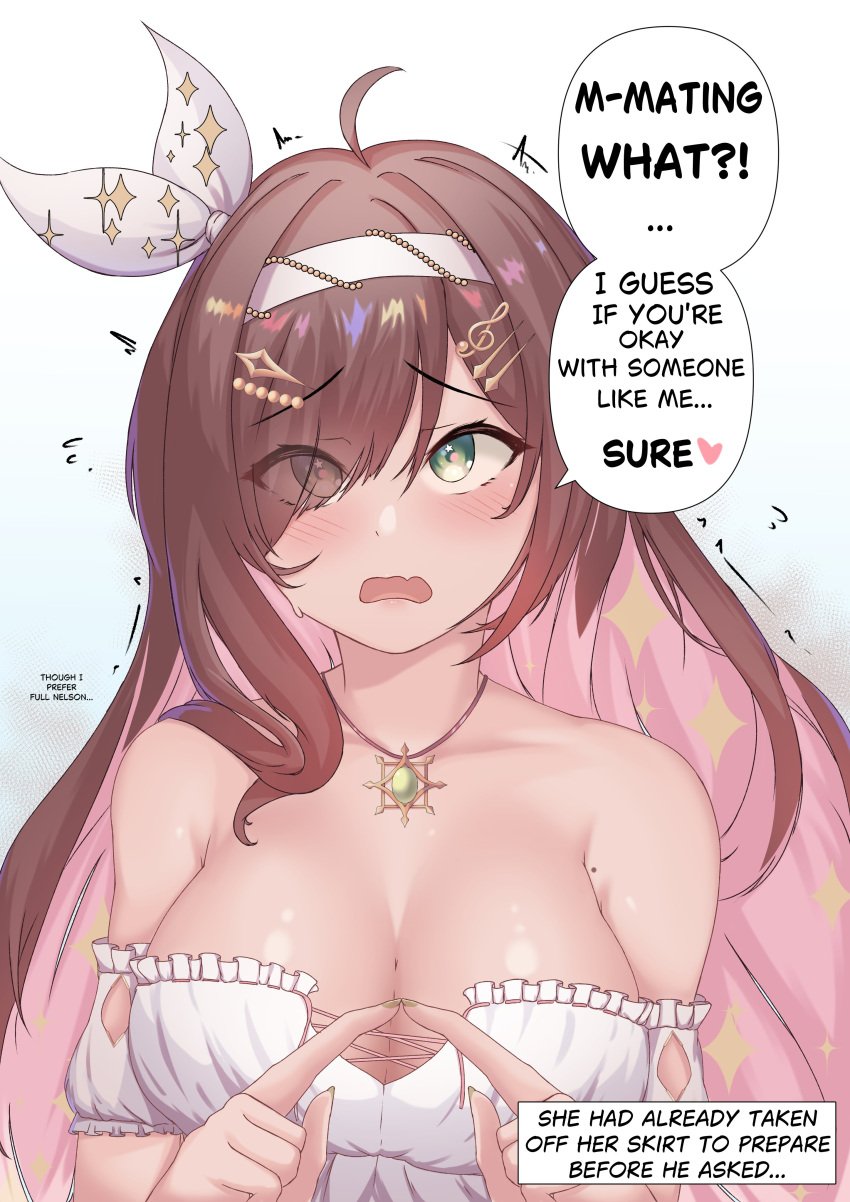 1girls brown_hair cleavage english english_text female green_eyes headband indie_virtual_youtuber large_breasts miori_celesta multicolored_hair speech_bubble text trrlwd tsunderia virtual_youtuber