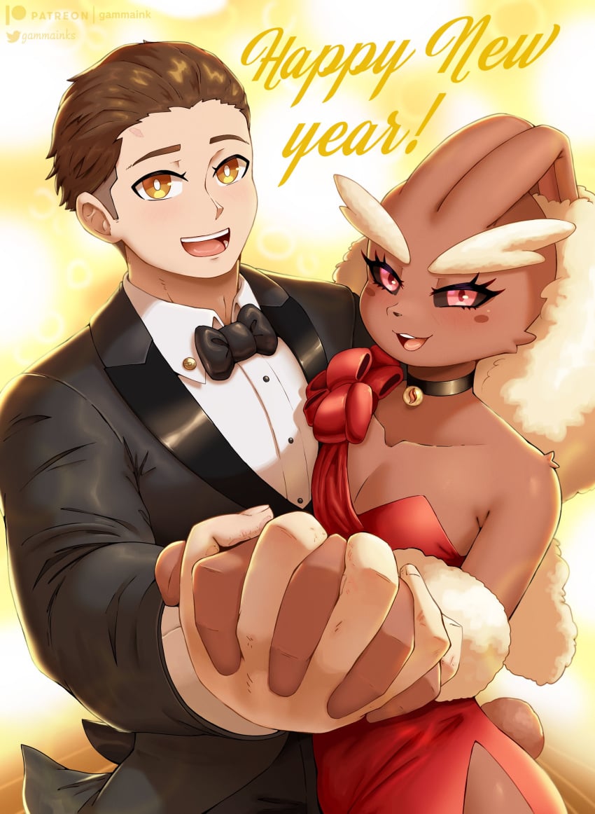 2boys amber_eyes anthro black_sclera brown_hair choker dress ethan_(gammainks) femboy gammainks generation_4_pokemon hand_holding happy_new_year human jayden_(gammainks) looking_at_viewer lopunny male male_only new_year nintendo pink_eyes pokemon pokemon_(species) red_dress smiling smiling_at_viewer suit very_high_resolution