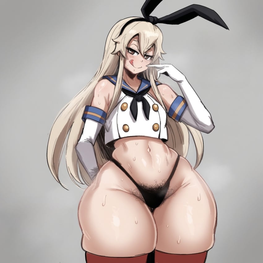 ai_generated ass big_ass black_panties blonde_female blonde_hair hairy hairy_pussy huge_ass kantai_collection lopablo shimakaze_(kantai_collection) slutty_clothing smug stray_pubic_hair sweat sweatdrop tagme teasing thick_hips thick_thighs twitter_link wide_hips