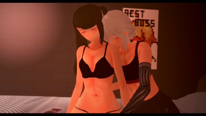 2girls 3d bed bedroom black_hair blush closed_eyes cybernetic_arm dana_zane hand_on_leg julianne_stingray kissing_shoulder koikatsu light-skinned_female light_skin long_hair morning partially_clothed poster_(object) spiritofrei underwear va-11_hall-a white_hair yuri