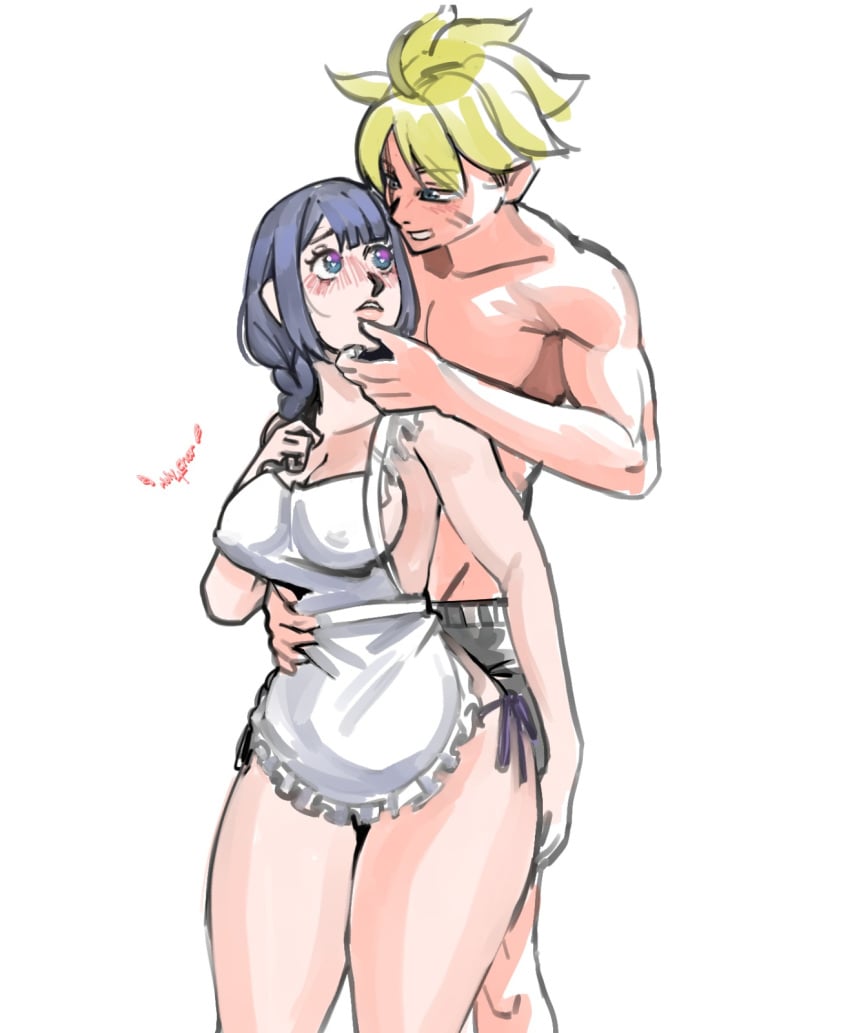 1boy 1girls apron apron_between_breasts big_breasts blonde_hair boruto:_naruto_next_generations boruto:_two_blue_vortex braid braided_hair female grabbing_cheek half-naked huge_breasts huge_thighs hugging_from_behind human kakei_sumire male naked_apron naruto naruto_(series) purple_hair thighs uzumaki_boruto