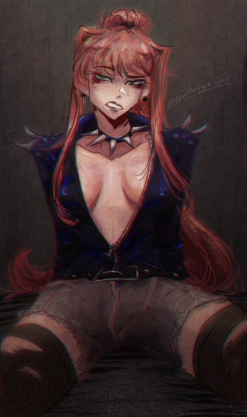 belt boobs breasts collar doki_doki_literature_club epicoxygenuser goth gothified green_eyes inner_sideboob long_hair monika_(doki_doki_literature_club) spiked_collar spikes