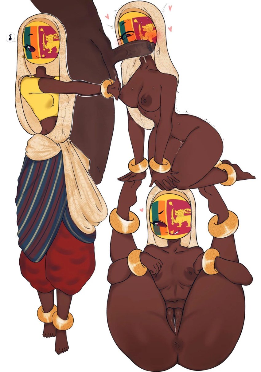 1boy 1girls blush countryhumans countryhumans_girl cum_in_pussy dark-skinned_female dark-skinned_male flawsy gold_jewelry hearts_around_head medium_breasts musical_note penis_poking_cloth precum seductive_smile spread_legs sri_lanka_(countryhumans) yellow_shirt