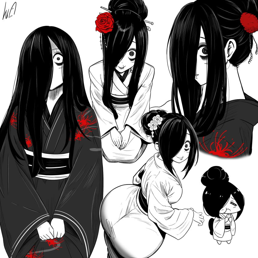 1girls ass black_hair chibi closed_eyes cute eating eye_bags fat_ass female female_only ghost ghost_girl hair_covering_eye kimono long_hair looking_at_viewer lughost new_year rear_view sadako_yamamura solo the_ring tied_hair white_skin wide_eyed wide_hips yamamura_sadako