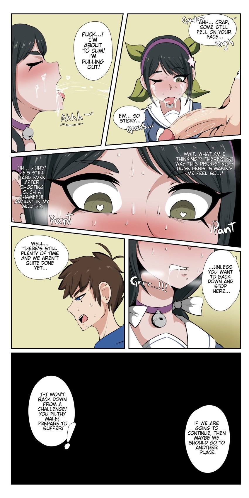 absurd_res after_blowjob beauty_mark blush chabashira_tenko collar comic comic_page comic_panel cum cum_on_face danganronpa danganronpa_v3 ejaculation heart-shaped_pupils highres large_penis mole mole_under_mouth naver oc original_character panel penis shin_sakamoto smooth_skin tagme text