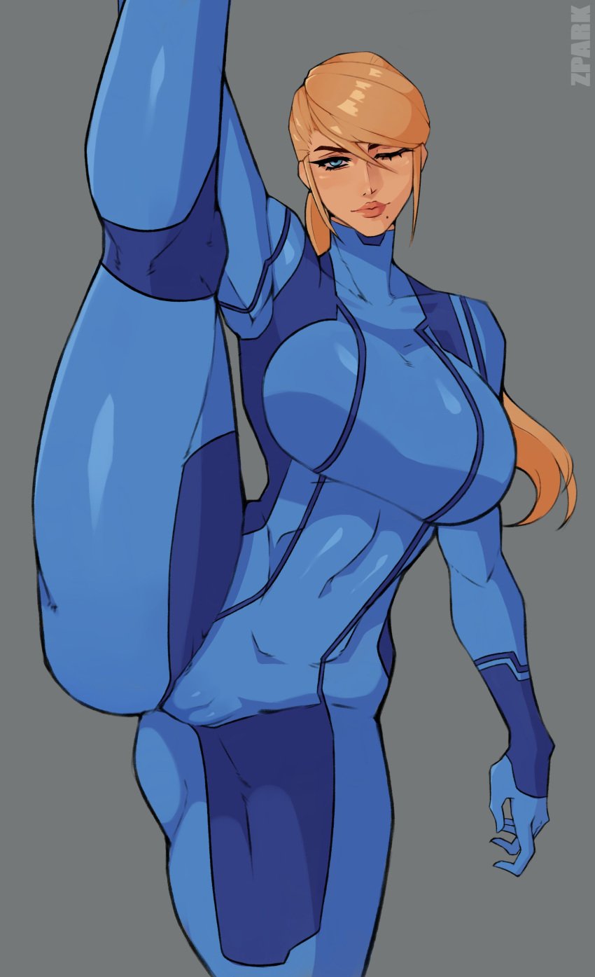 1girls alternate_breast_size beauty_mark big_breasts big_lips blonde_hair blue_eyes bodysuit breast cameltoe clothed cute female female_only gray_background grey_background high_kick hourglass_figure huge_breasts large_breasts lips metroid muscular_female nintendo one_leg_up samus_aran skintight_suit splits thick thick_thighs thighs thin_waist vertical_splits wink winking zero_suit zero_suit_samus zpark